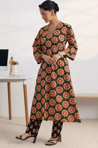 libas black ajrakh print a-line kurta set