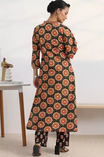 libas black ajrakh print a-line kurta set