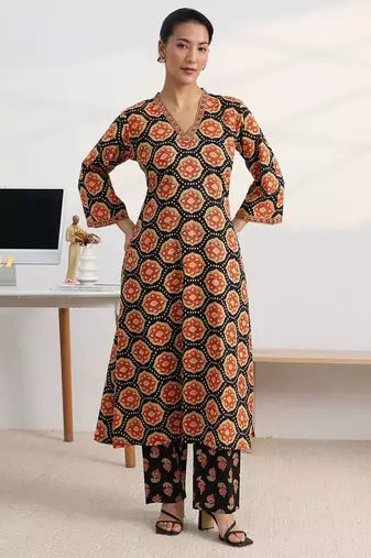 libas black ajrakh print a-line kurta set