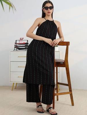 libas black woven design halter-neck straight kurta set 1
