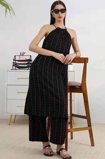 libas black woven design halter-neck straight kurta set