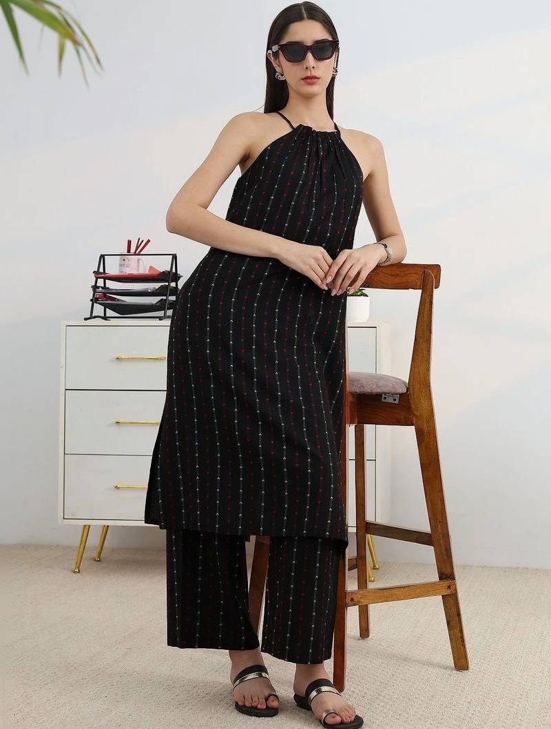 libas black woven design halter-neck straight kurta set