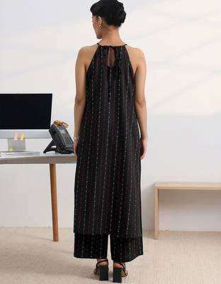 libas black woven design halter-neck straight kurta set 2