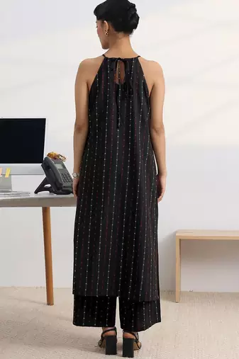 libas black woven design halter-neck straight kurta set