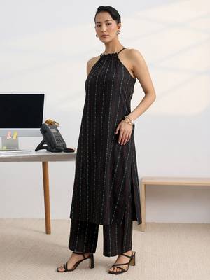 libas black woven design halter-neck straight kurta set 3