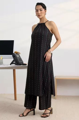 libas black woven design halter-neck straight kurta set