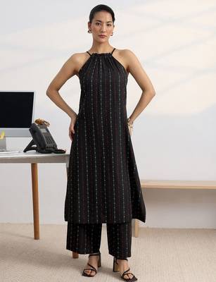 libas black woven design halter-neck straight kurta set 4