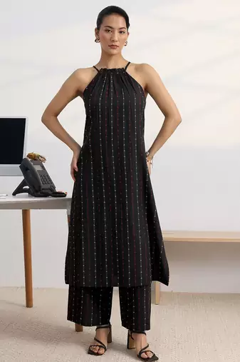 libas black woven design halter-neck straight kurta set