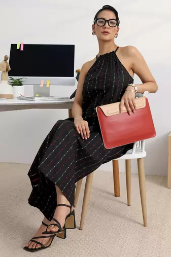 libas black woven design halter-neck straight kurta set