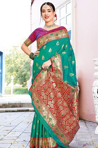 Green green ethnic motifs woven design art silk banarasi saree