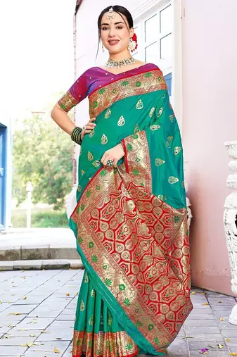 Green green ethnic motifs woven design art silk banarasi saree