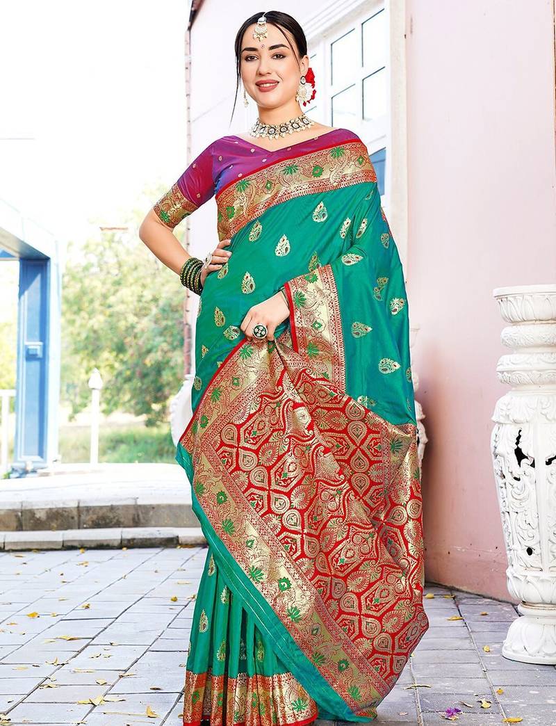 Green green ethnic motifs woven design art silk banarasi saree
