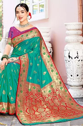 Green green ethnic motifs woven design art silk banarasi saree