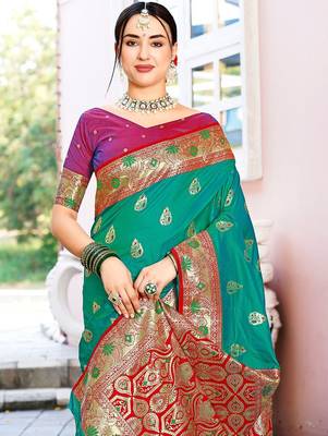 Green green ethnic motifs woven design art silk banarasi saree 4