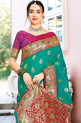 Green green ethnic motifs woven design art silk banarasi saree