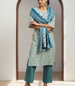 women ethnic motifs printed regular kurta with trousers & with dupatta