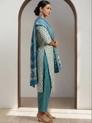 women ethnic motifs printed regular kurta with trousers & with dupatta 6