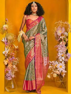 Green ethnic motifs zari silk cotton kanjeevaram saree 1