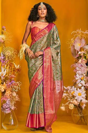 Green ethnic motifs zari silk cotton kanjeevaram saree