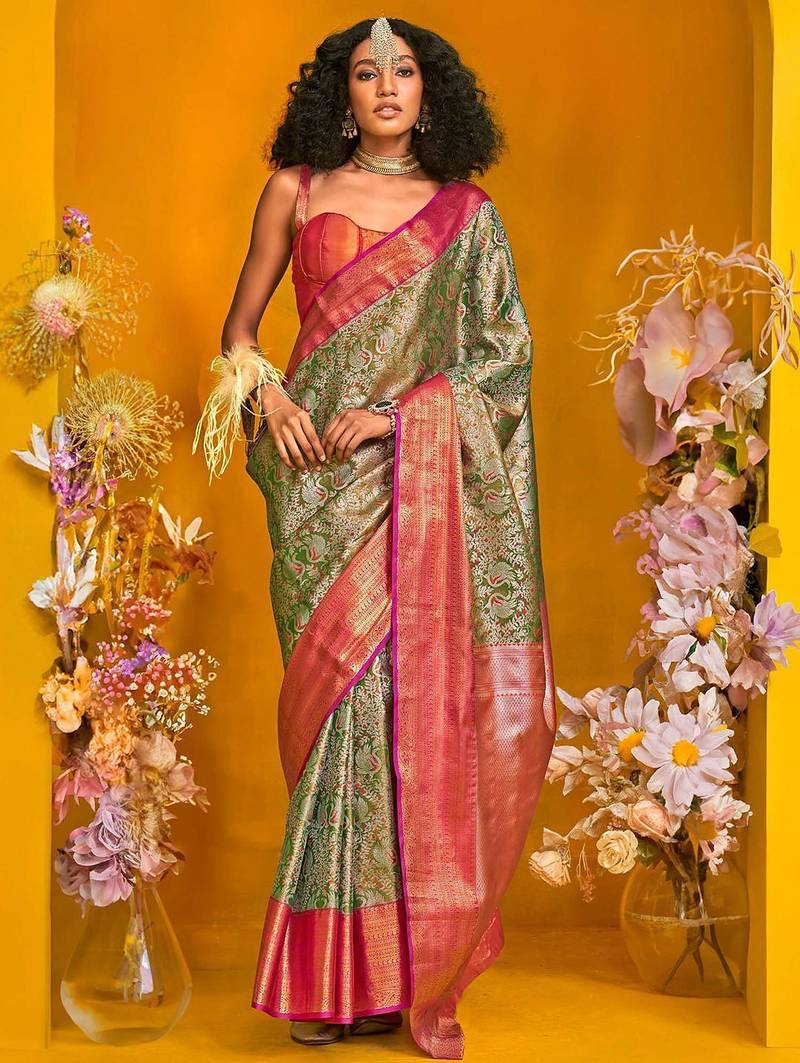 Green ethnic motifs zari silk cotton kanjeevaram saree