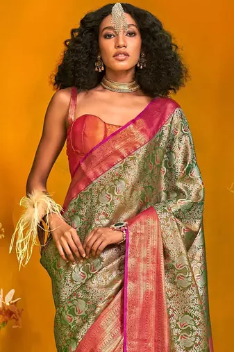 Green ethnic motifs zari silk cotton kanjeevaram saree