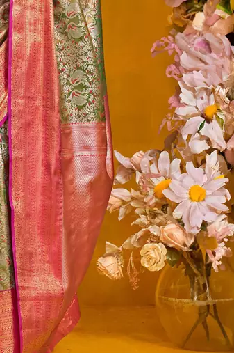 Green ethnic motifs zari silk cotton kanjeevaram saree