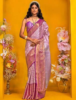 Lavender woven design zari silk cotton kanjeevaram saree 1