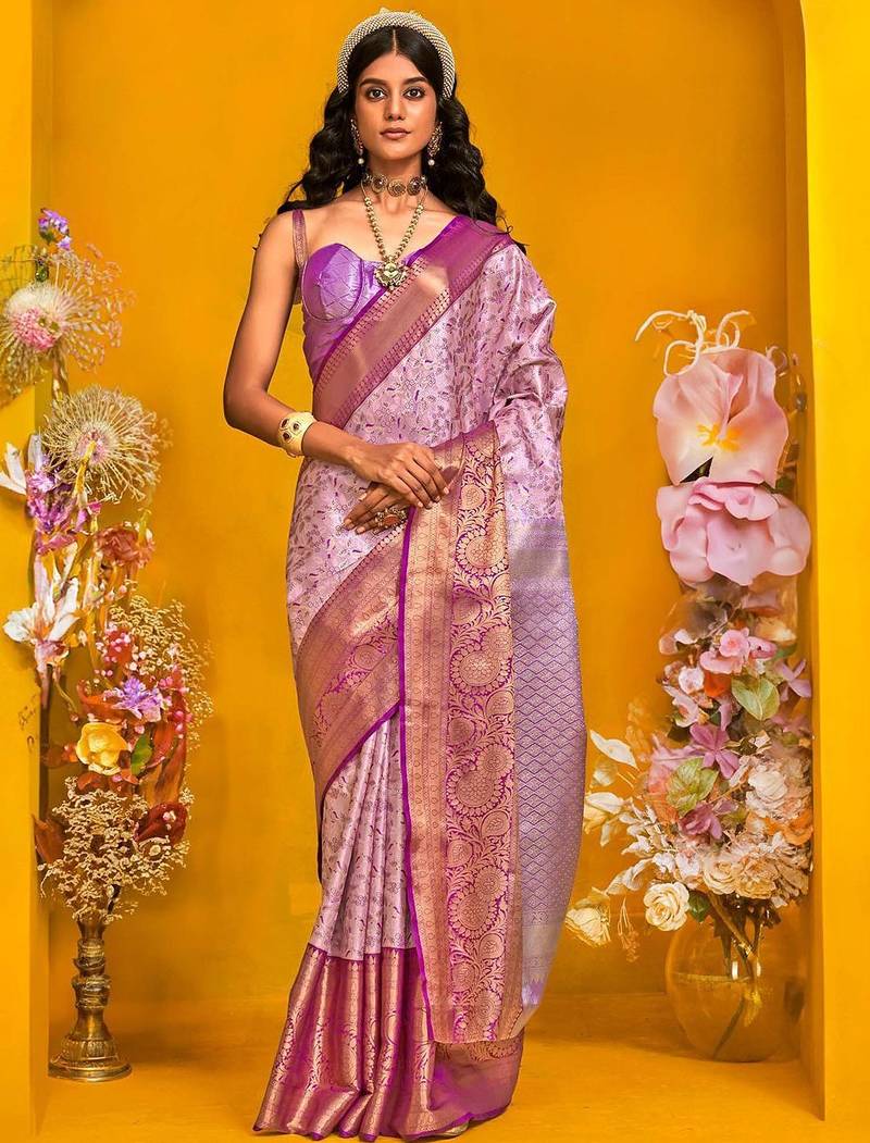 Lavender woven design zari silk cotton kanjeevaram saree