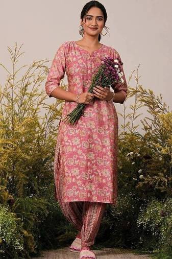 floral printed notch neck straight kurta with salwar