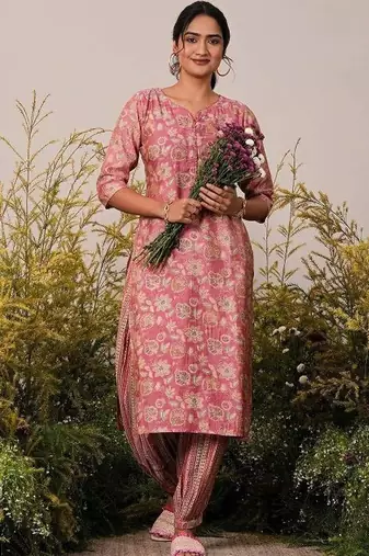 floral printed notch neck straight kurta with salwar