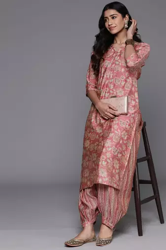 floral printed notch neck straight kurta with salwar