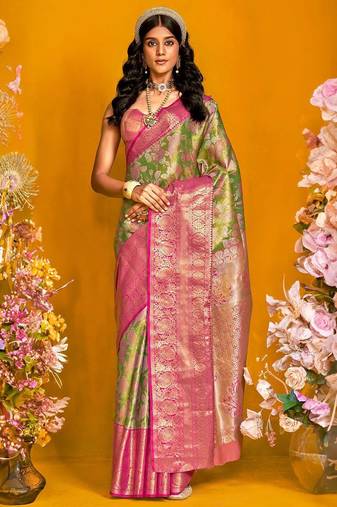 Green woven design zari silk cotton kanjeevaram saree