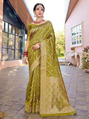 Lime lime green ethnic motifs woven design zari organza saree 1