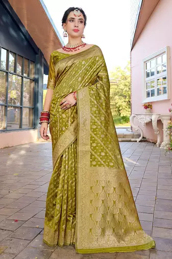 Lime lime green ethnic motifs woven design zari organza saree