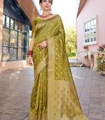 Lime lime green ethnic motifs woven design zari organza saree