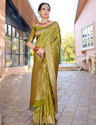 Lime lime green ethnic motifs woven design zari organza saree 2