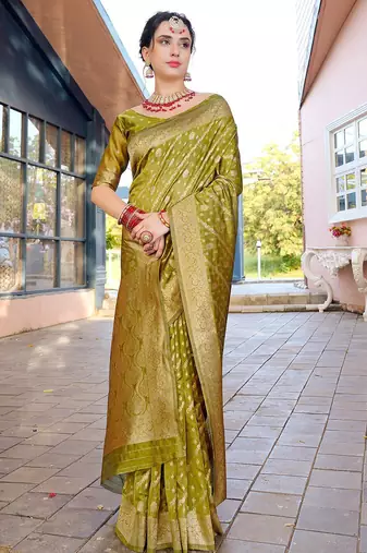 Lime lime green ethnic motifs woven design zari organza saree