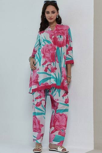 white floral printed cotton straight kurta set