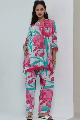 white floral printed cotton straight kurta set
