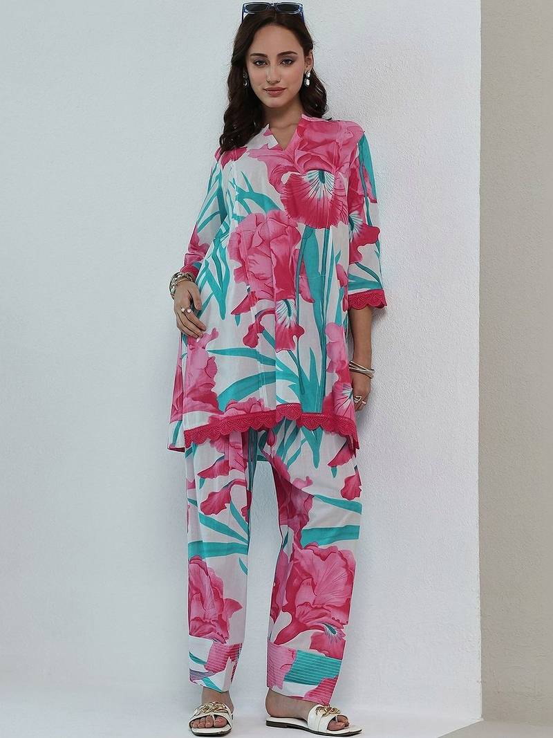 white floral printed cotton straight kurta set