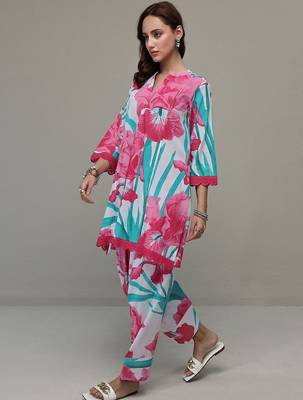white floral printed cotton straight kurta set 2