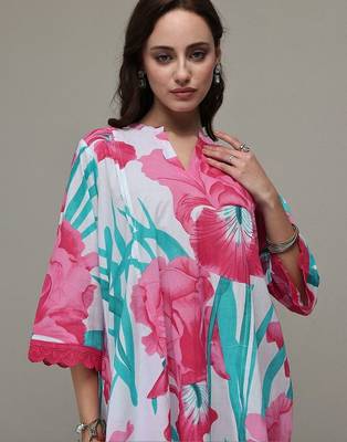 white floral printed cotton straight kurta set 3