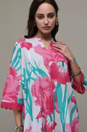 white floral printed cotton straight kurta set