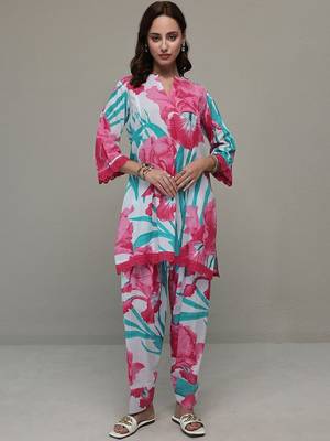white floral printed cotton straight kurta set 4