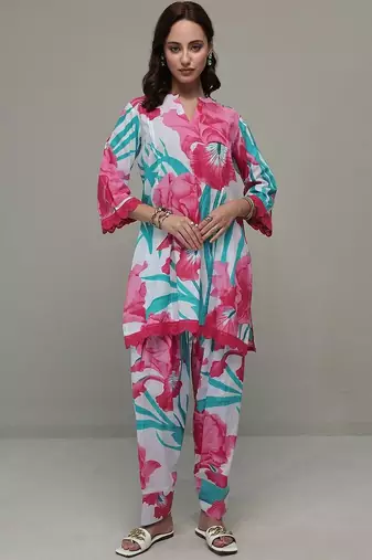 white floral printed cotton straight kurta set