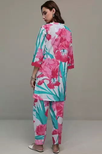 white floral printed cotton straight kurta set