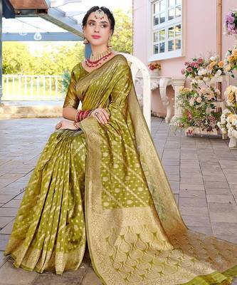 Lime lime green ethnic motifs woven design zari organza saree 3