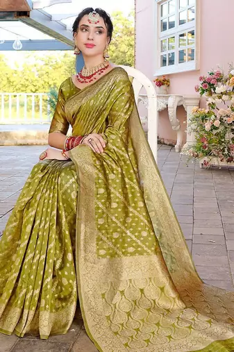 Lime lime green ethnic motifs woven design zari organza saree