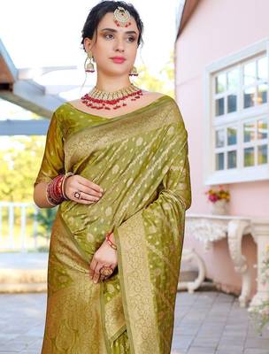 Lime lime green ethnic motifs woven design zari organza saree 4