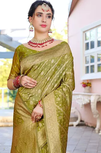 Lime lime green ethnic motifs woven design zari organza saree